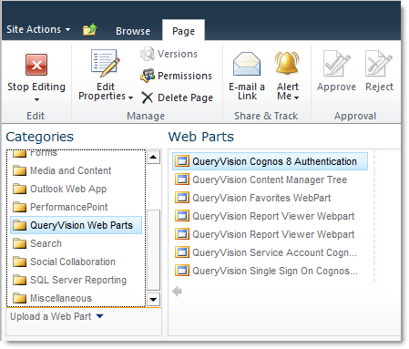 Add QueryVision Cognos Authentication Web Part to Page