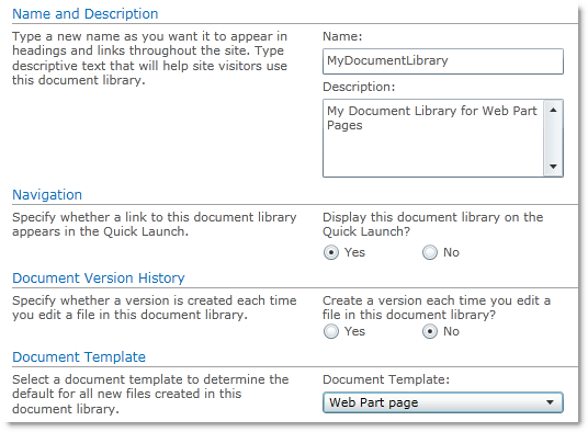 Create a new document library for web part pages